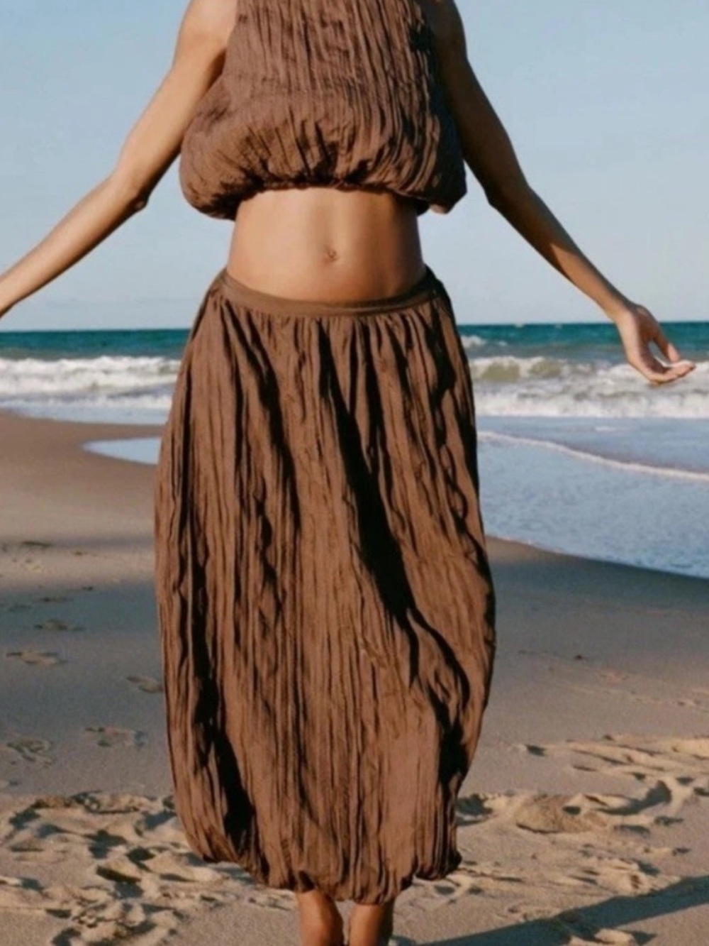 Zara Brown Crinkle Maxi Balloon Skirt